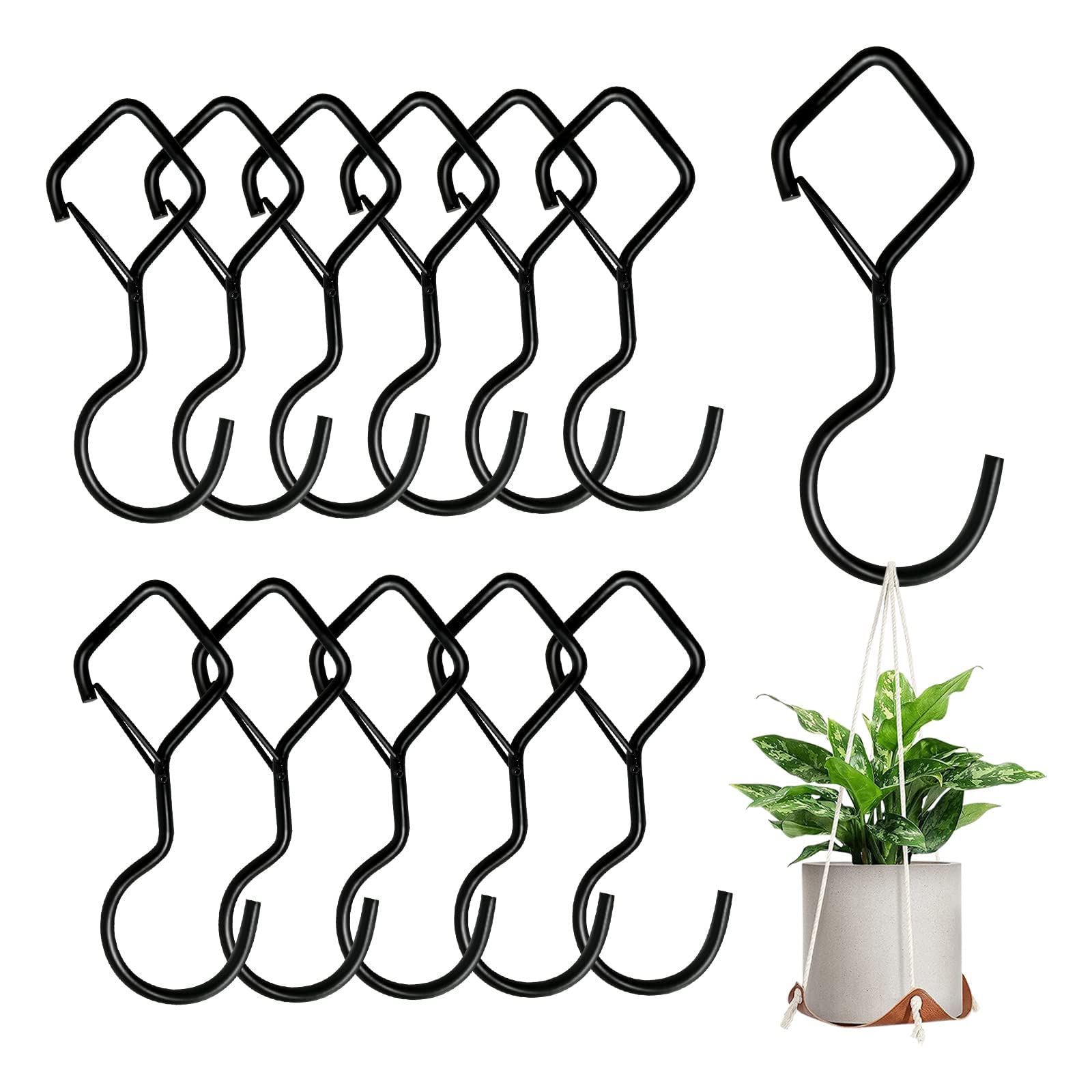 Ticway 12 PCS S Hooks for Hanging with Safety Buckle, Metal Heavy Duty Hooks for Hanging Plants, Clothes, Kitchen Utensil Pots Pans Bathroom Towels (Black)