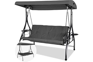 GARTOO 3-Seat Outdoor Large Porch Swing with Converting Canopy, Patio Hammock Lounge Swing Chair for Porch, Backyard, Poolside, Adjustable Shade & Removable Cushions(Gray)