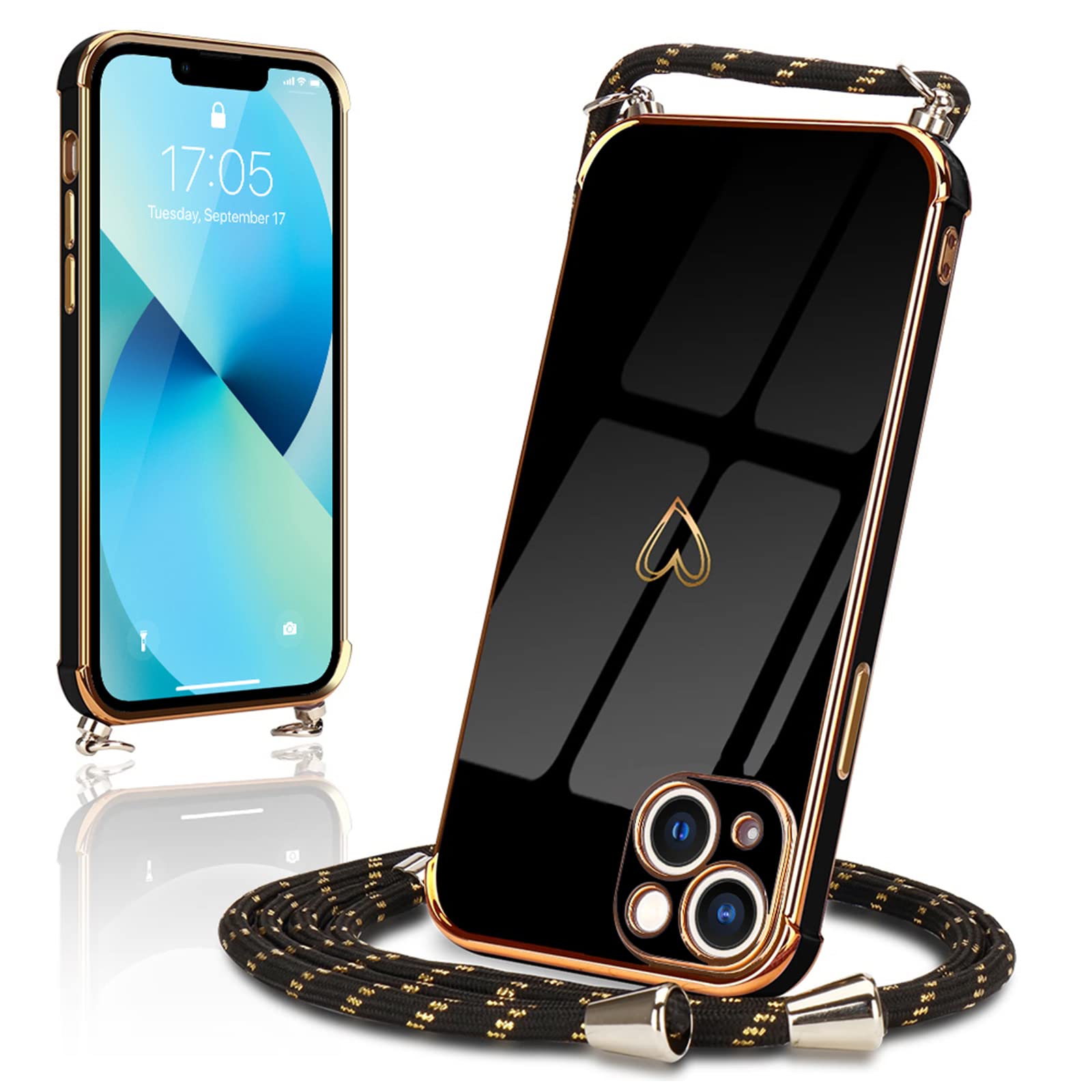 Micoden for iPhone 13 Case Crossbody Lanyard Cord Neck Strap Chain Cute Heart Electroplating for Girls Women Holder with Necklace Silicone Shockproof Cover for iPhone 13 Black