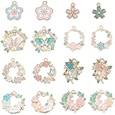 SUNNYCLUE 1 Box 48Pcs 16 Styles Enamel Flower Charms Floral Charm Gold Alloy Resin Rhinestone Spring Butterfly Cat Garland Sakuras Wreath Charms for Jewelry Making Charms Findings DIY Necklace Women