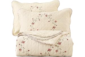 vctops 3-Piece Elegant Floral Embroidered Bedspread Coverlet Set 100% Cotton Reversible Patchwork 1 Quilt and 2 Pillow Shams Full/Queen, Flower