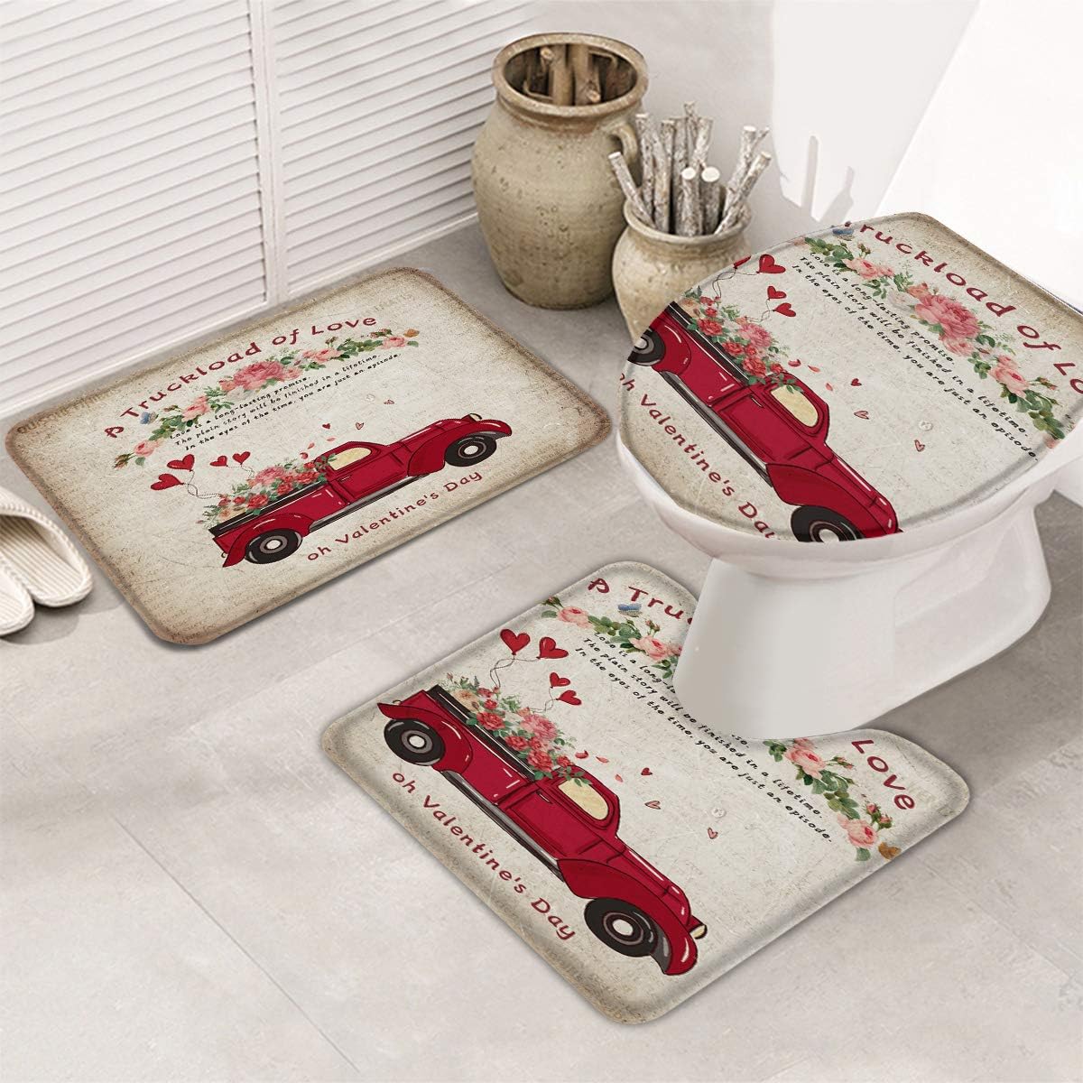 Zoe Garden Bathroom Rugs And Mats Sets A Truck Load Of Love Flowers Retro Old Newspaper Background 3 Piece Bath Rugs For Bathroom Washable U Shaped Contour Rug Mat And Lid Cover