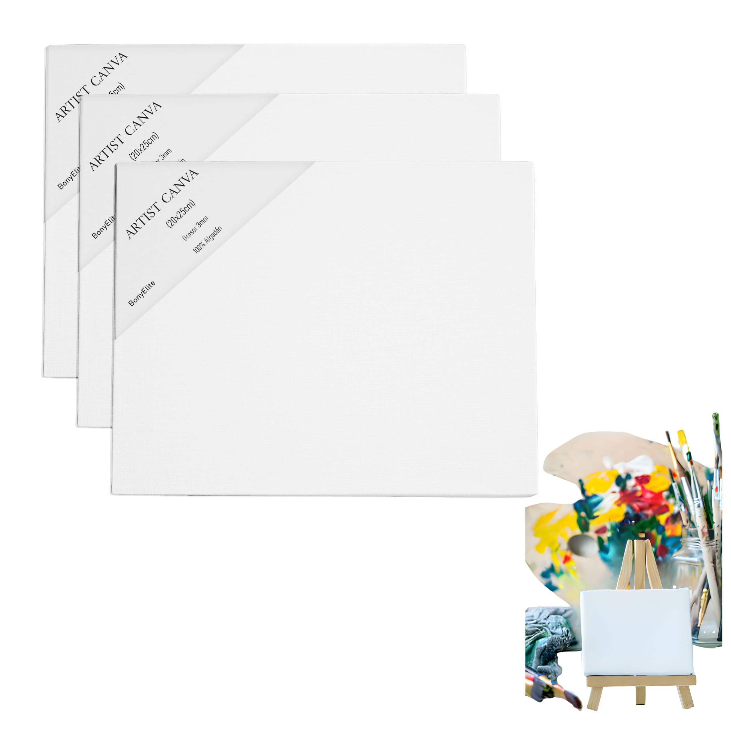 Bony Elite QUALITY PRODUCTS & THE BEST RATE Pack of 3 White Canvases 100% Cotton for Painting Oil Acrylic Paintings Canvas 20 x 25 cm 3 mm Thickness. Suitable for Professionals and Beginners