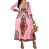 African Dresses for Women Elegant V Neck 3/4 Sleeve Casual Long Maxi African Attire Dress