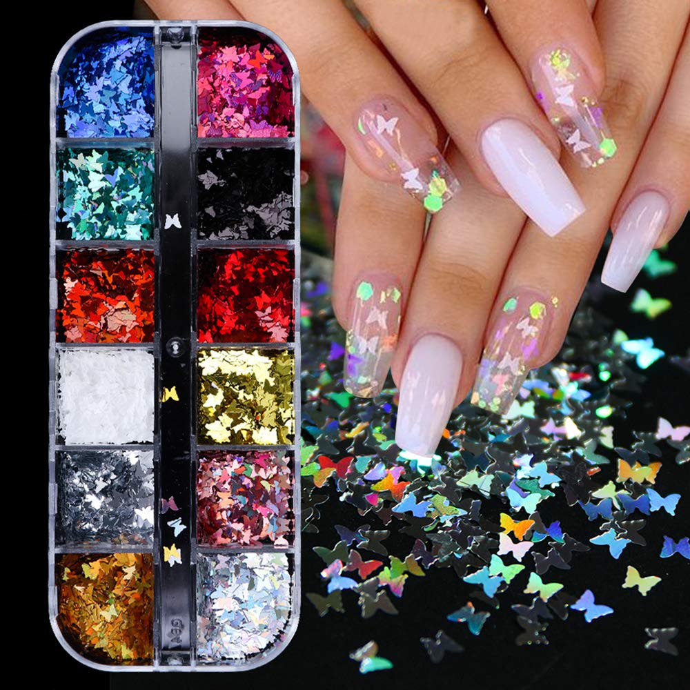 12 Colors Butterfly Glitter Nail Sequins - 3D Nail Art Flakes Colorful Confetti Glitter Sticker Decals Manicure Nail Art Design Makeup DIY Decoration