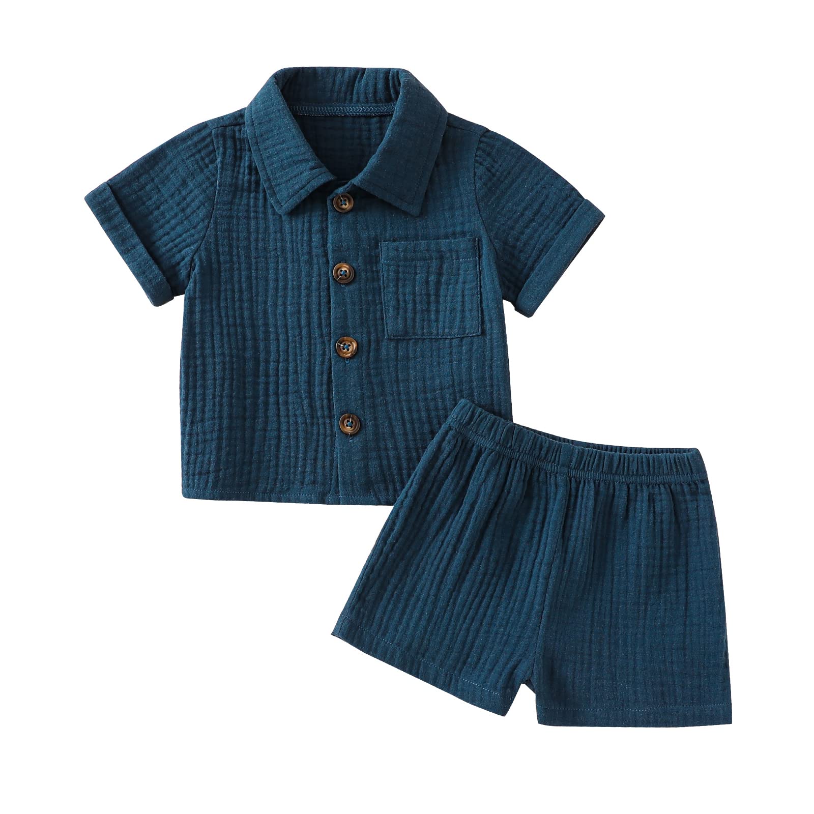 Photo 1 of Baby Boys Clothes Set Toddler Infant Boys Button-Down Shirt Tops + Cotton Gauze Shorts Summer Outfit 2PCS with Pockets (Navy Blue, 3-4T)