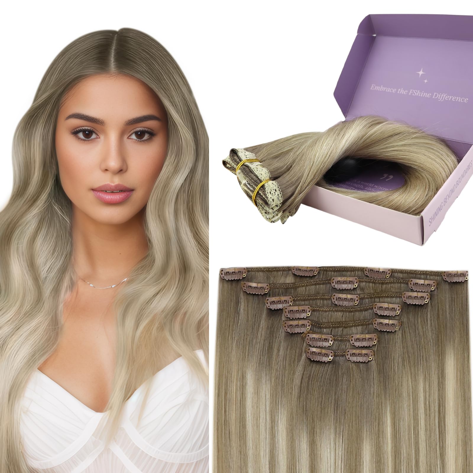 Fshine Clip in Human Hair Extensions Real Hair Balayage Light Brown to Bleach Blonde with Light Brown Clip in Extensions Straight Hair Extension Clips 14 Inch 7Pcs Clip In Human Hair 120g — image 1
