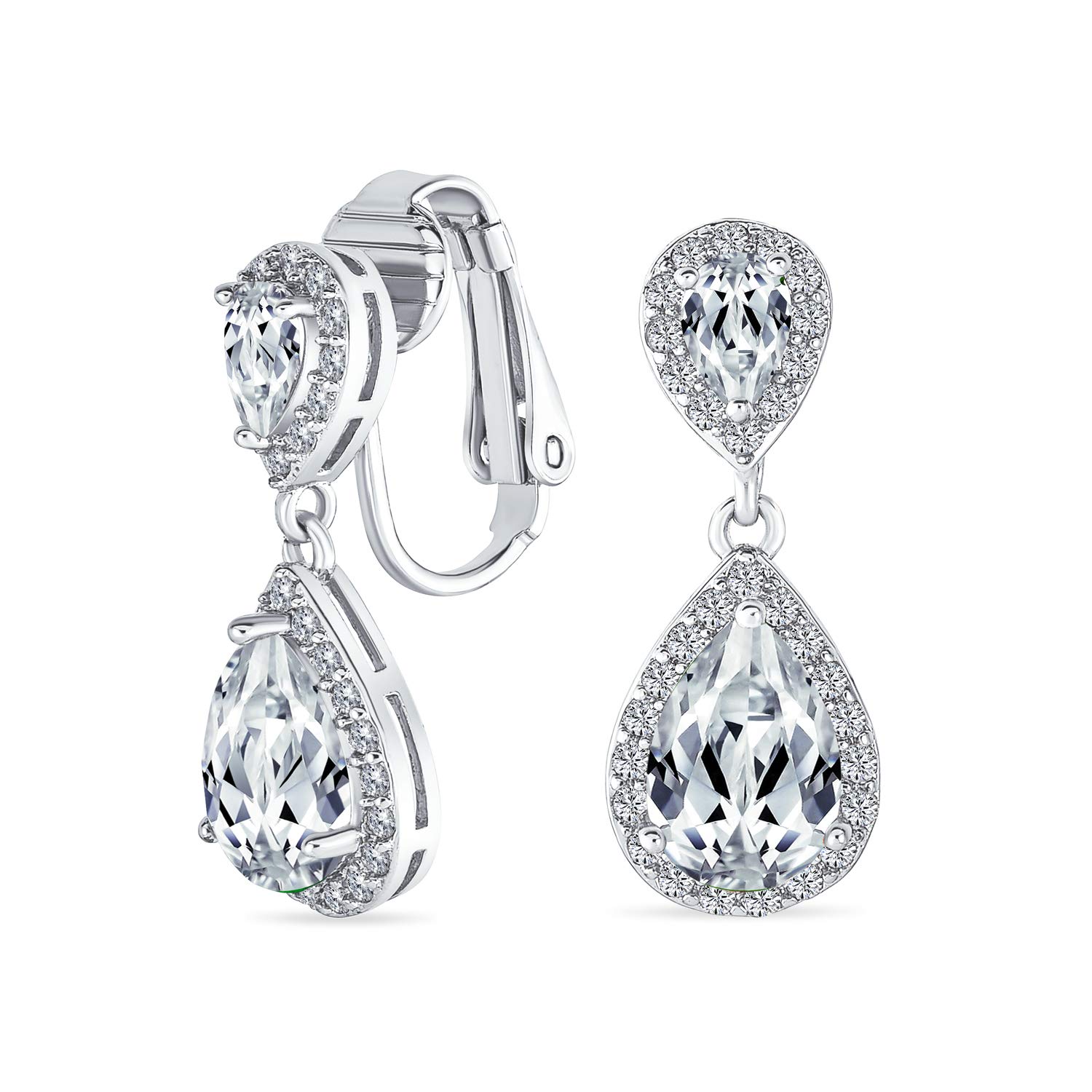 Bridal Teardrop CZ Halo Prom Dangle Drop Statement Chandelier Clip On Earrings Cubic Zirconia Silver Plated Brass — image 1