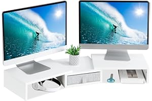TEAMIX Dual Monitor Stand Riser with Drawer - Length and Angle Adjustable Double Monitor Riser Corner Desk Shelf Organizer Lo