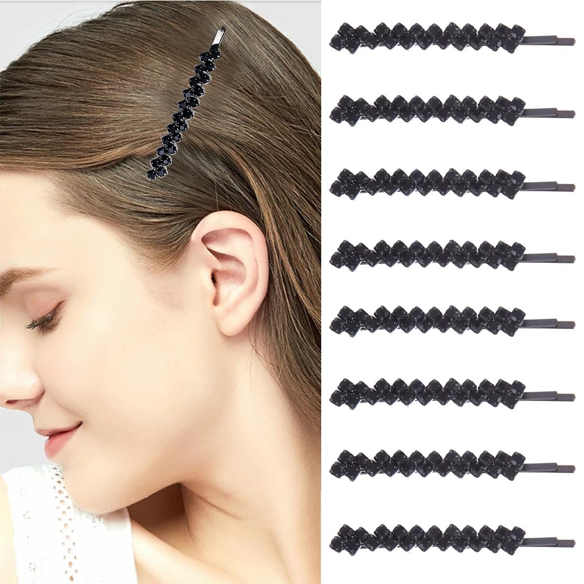 8 Pieces Black Rhinestone Hair Pins,Small Crystal Bobby Pins, Bobby Pins Bulk for Lady Women Girls, Sparkly Hair Clips Pin