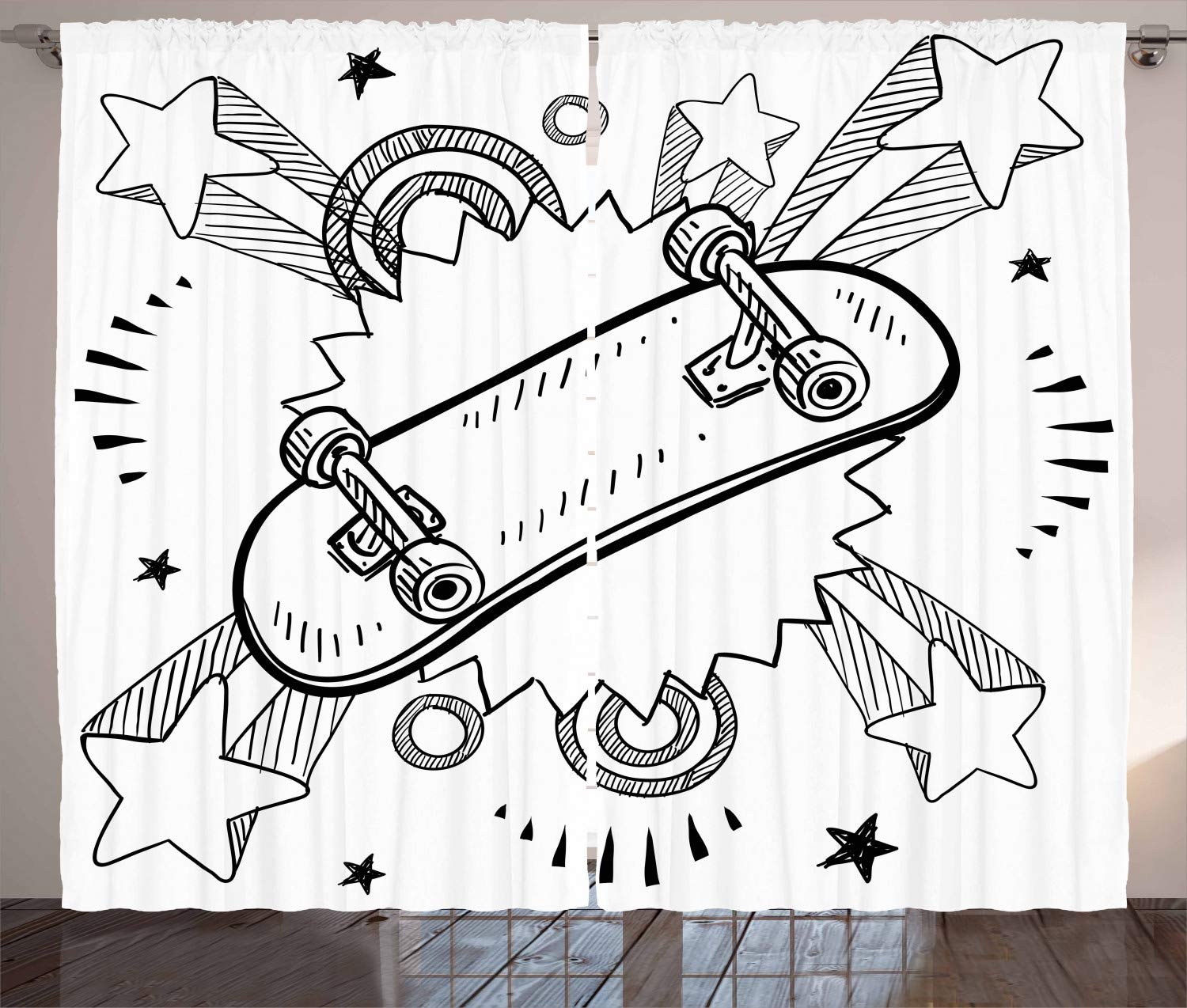 ABAKUHAUS Hipster Curtains, Sketch of a Skateboard Sixties and Seventies Style Pop Art Inspired Background, Living Room Bedroom Window Drapes 2 Panel Set, 89 W X 110 L, White Black