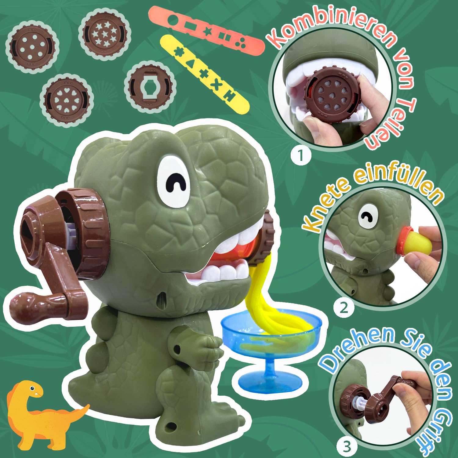 VBACALA Dinosaurier Knete Set 42-teilig mit Kitchen Creations Nudelmaschine,5 Dino Eierformen,12 Farben Knetmasse und Knetwerkzeug,Kreatives Spielzeug Geschenk für Kinder ab 3 Jahre Jungen&Mädchen 4