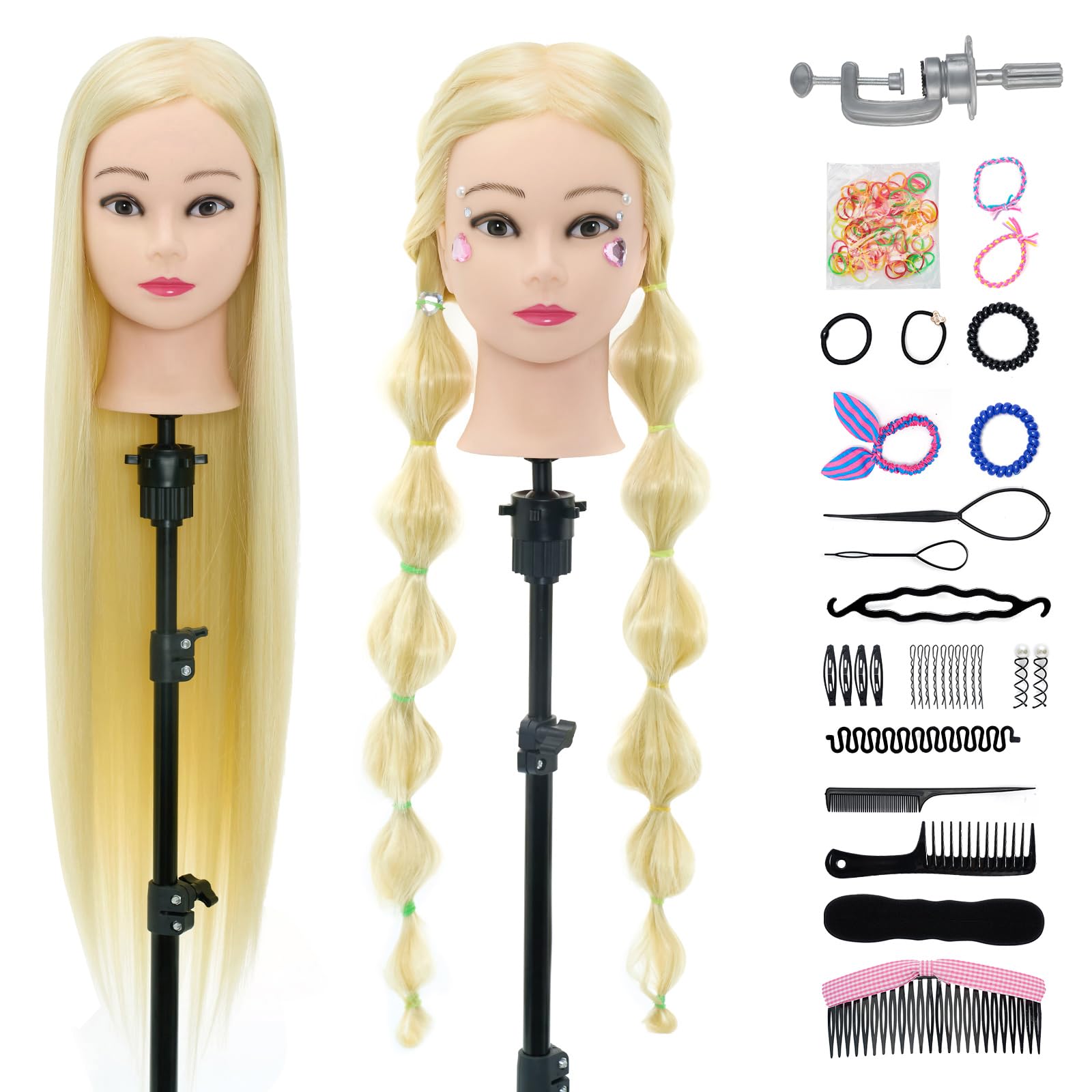 Neverland 30 Inches 100% Synthetic Fiber Hair Hairdressing Training Head Manikin Head with Clamp Stand Practice Mannequin + Hair Styling Tool