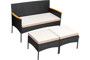 Greesum 3 Piece Patio Furniture Set Outdoor Rattan Conversation Sets Wicker Sofa with Cushions for Garden, Lawn, Terrace, Porch (Beige)