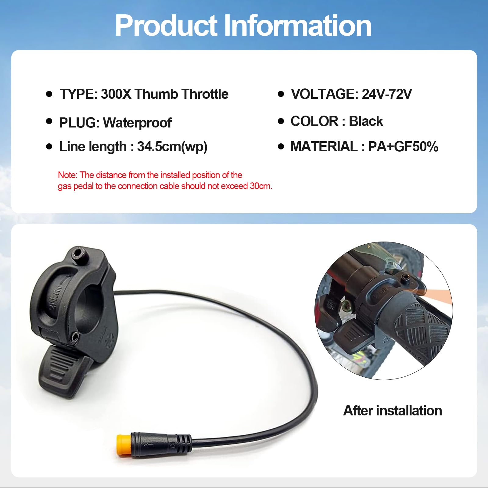 Electric Throttle 300X Thumb Throttle for 7/8inch 22mm Left and Right Handlebars 12v 24v 36v 48v 60v 72v Electric E-Bikes (M8 Waterproof Plug)