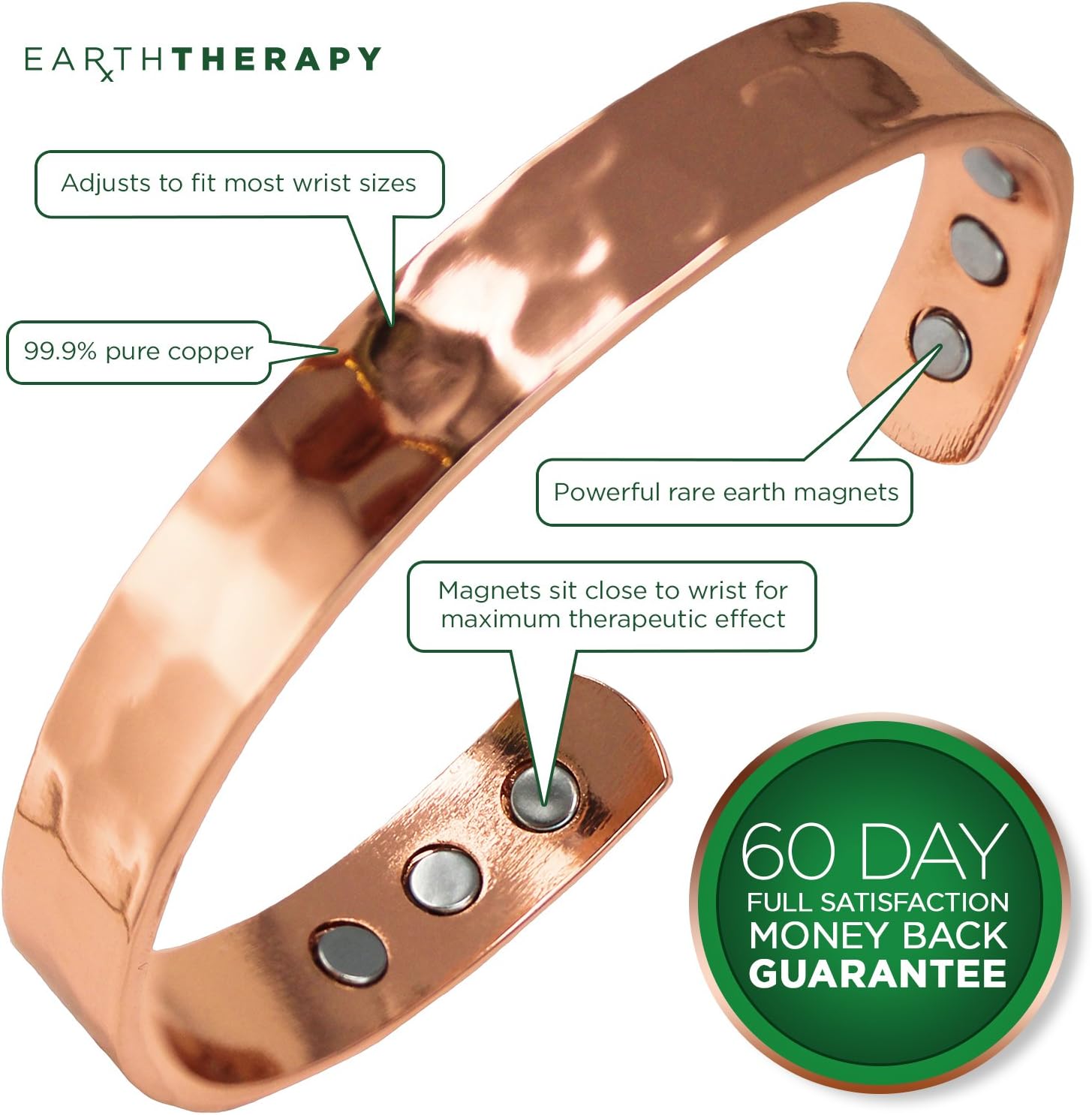 Pure Copper Hammered Magnetic Healing Bracelet for Arthritis, Migraine, and Joint Pain Relief – Adustable Sizing - Earth Therapy: Health & Personal Care