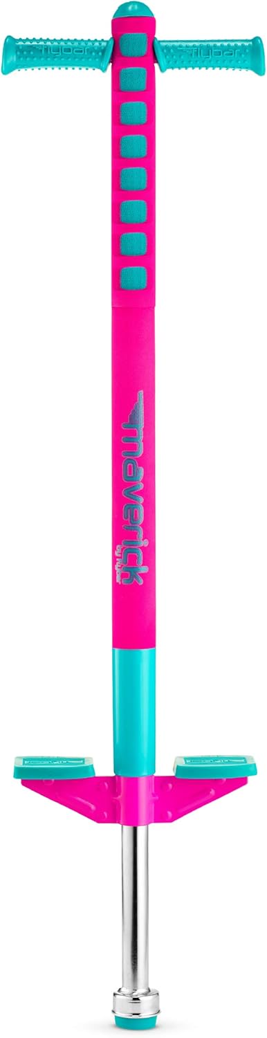Flybar Limited Edition Foam Maverick Pogo Stick for Boys & Girls | Indoor/Outdoor Toy for Kids Ages 5-9 | Features New 'Rubber' Grip Handles | Non-Slip Foot Pegs for Safety | Pink Teal