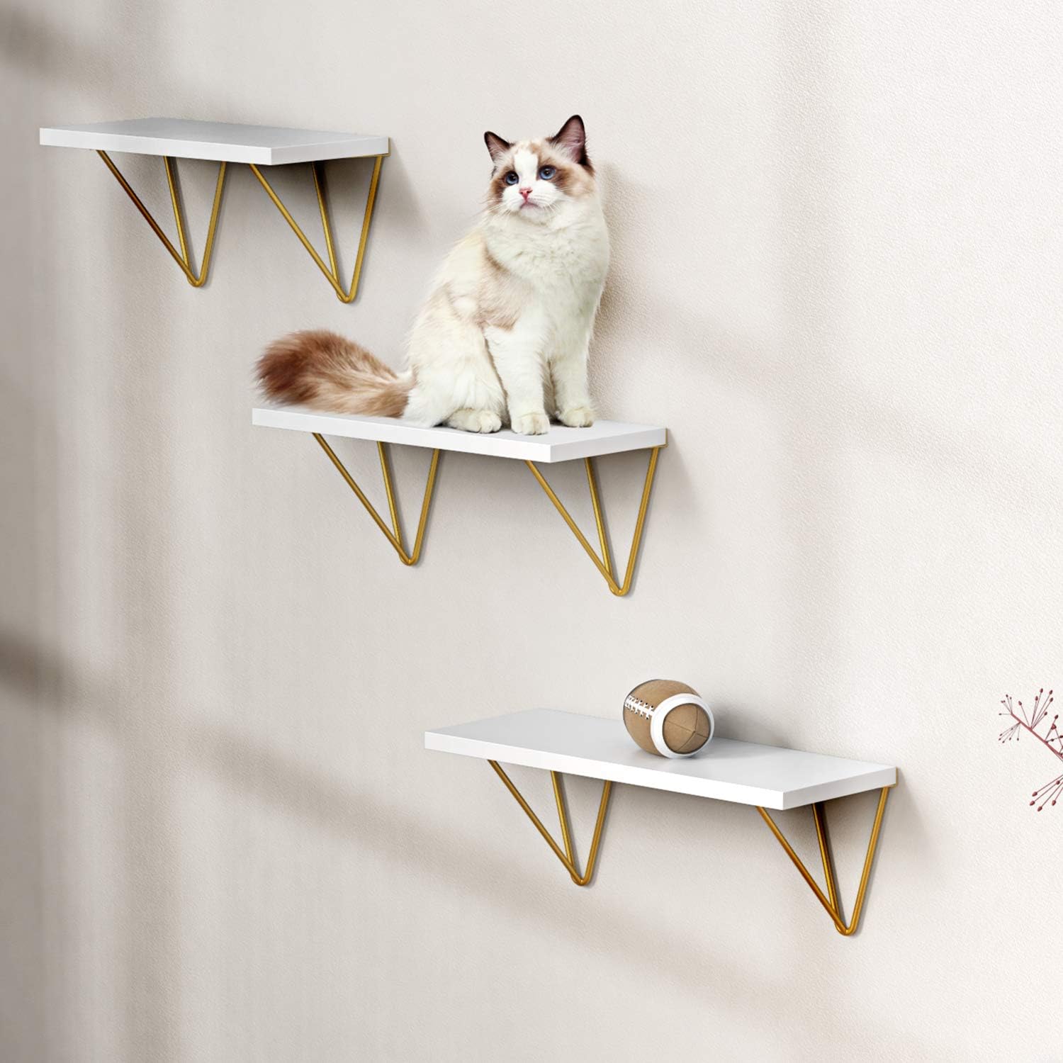 White Floating Shelves - Elegant Vanity Triangle Golden Metal Brackets Hanging Wall Shelves Set of 3 - Wall Mounted Shelf for Living Room, Bedroom, Kitchen by AMADA HOMEFURNISHING: Kitchen & Dining