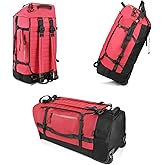 CONTAIL 86L Foldable Wheeled Duffel Backpack with Padded Quilted Bottom, Waterproof Collapsible Travel Duffle Bag with Extended Web Handles,No Telescope Handle,Red