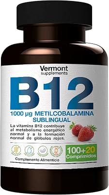 Vitamina B12 Sublingual 1000mcg - 120 Comprimidos Sabor Fresa | Suplemento Vitamínico con Metilcobalamina para el Desarrollo Celular, favoreciendo la producción de Energía | Vermont Supplements