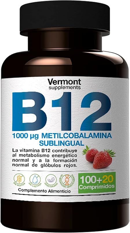 Vitamina B12 Sublingual 1000mcg - 120 Comprimidos Sabor Fresa | Suplemento Vitamínico con Metilcobalamina para el Desarrollo Celular, favoreciendo la producción de Energía | Vermont Supplements