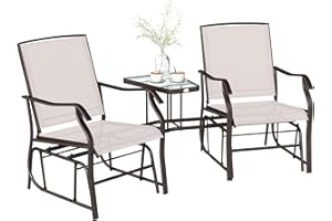 Outsunny Outdoor Glider Chairs with Coffee Table, Patio 2-Seat Rocking Chair Swing Loveseat with Breathable Sling for Backyard, Garden, and Porch, Beige
