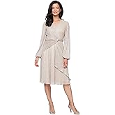 S.L. Fashions Womens Long Sleeve V-Neck Midi Cocktail Dress W/Ruched Waist, Wedding Guest Gown