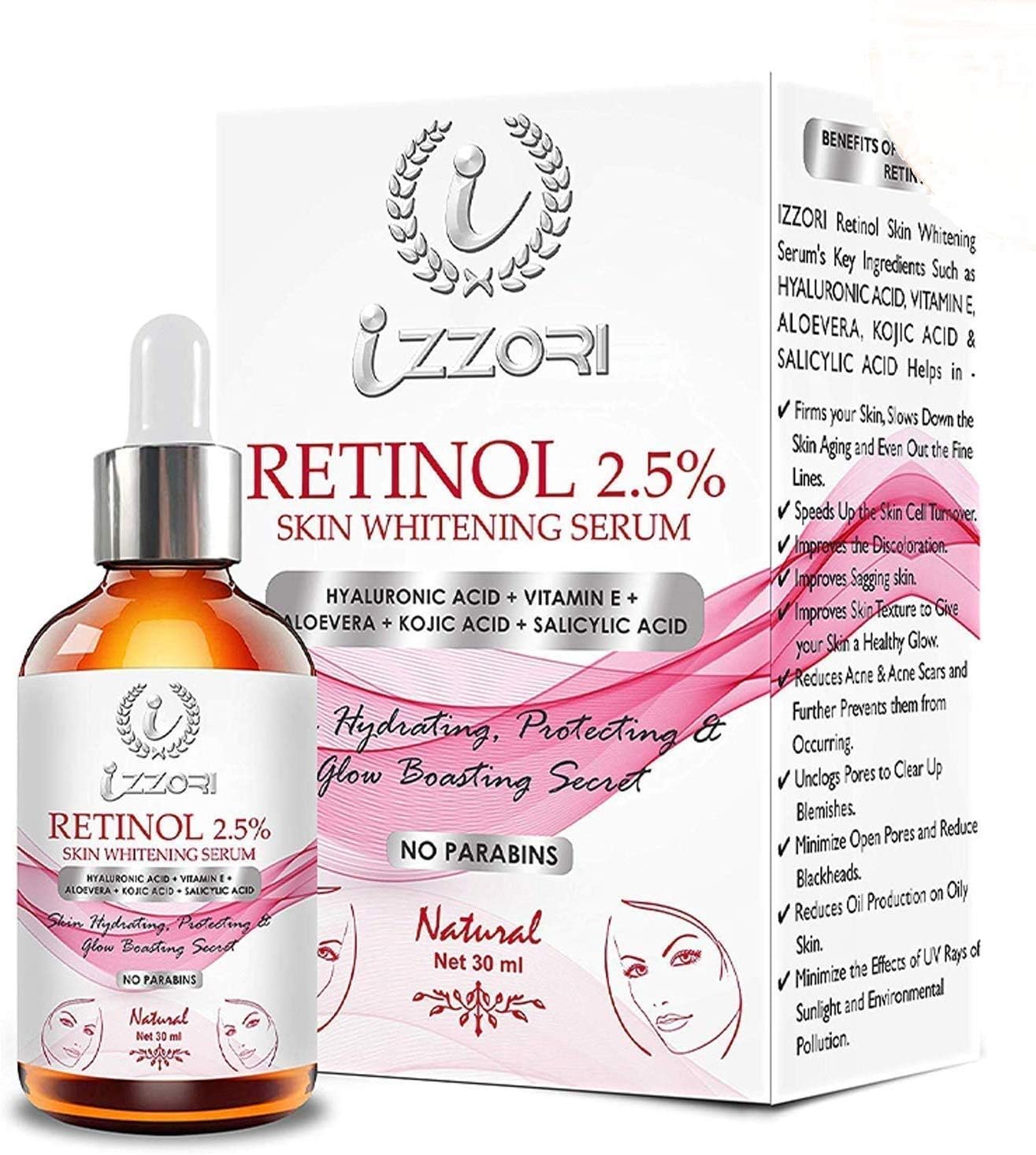 IZZORI Retinol Skin Whitening Facial Serum, with Hyaluronic Acid, Vitamin E, Alovera, Kojic for Anti Aging, Wrinkle, Skin Brightening, Firms, Tones Moisture, Hydrating, Radiant (30 ml)