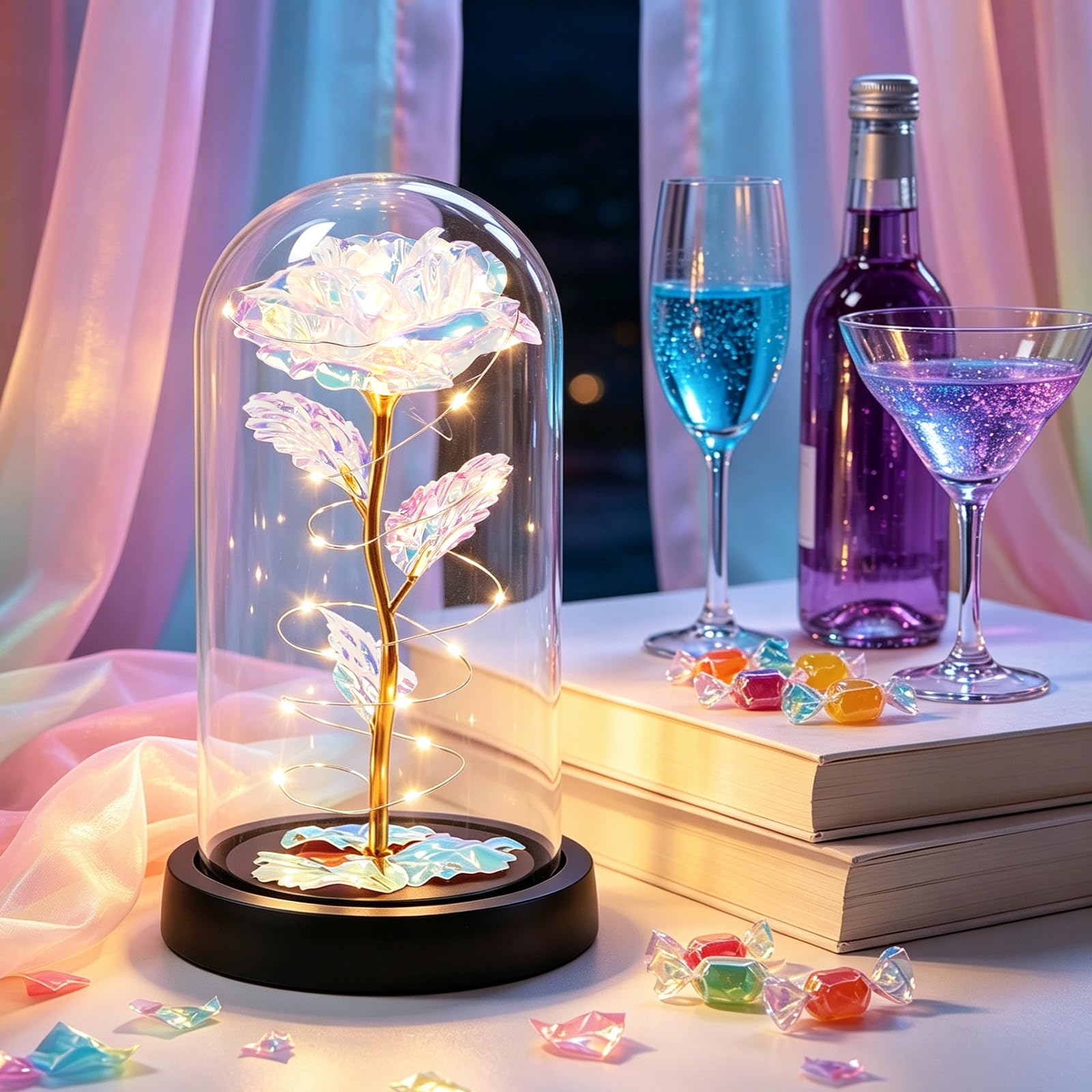 Morofme Galaxy Infinity Rose mit LED Licht, Ewige Rose Acrylhaube Stoßfest, Die Schöne und die Biest Rose, Künstliche Rosen für Frau Geschenke, Geburtstag, Jubiläum,Wohnen Schlafzimmer Büro Dekor 2