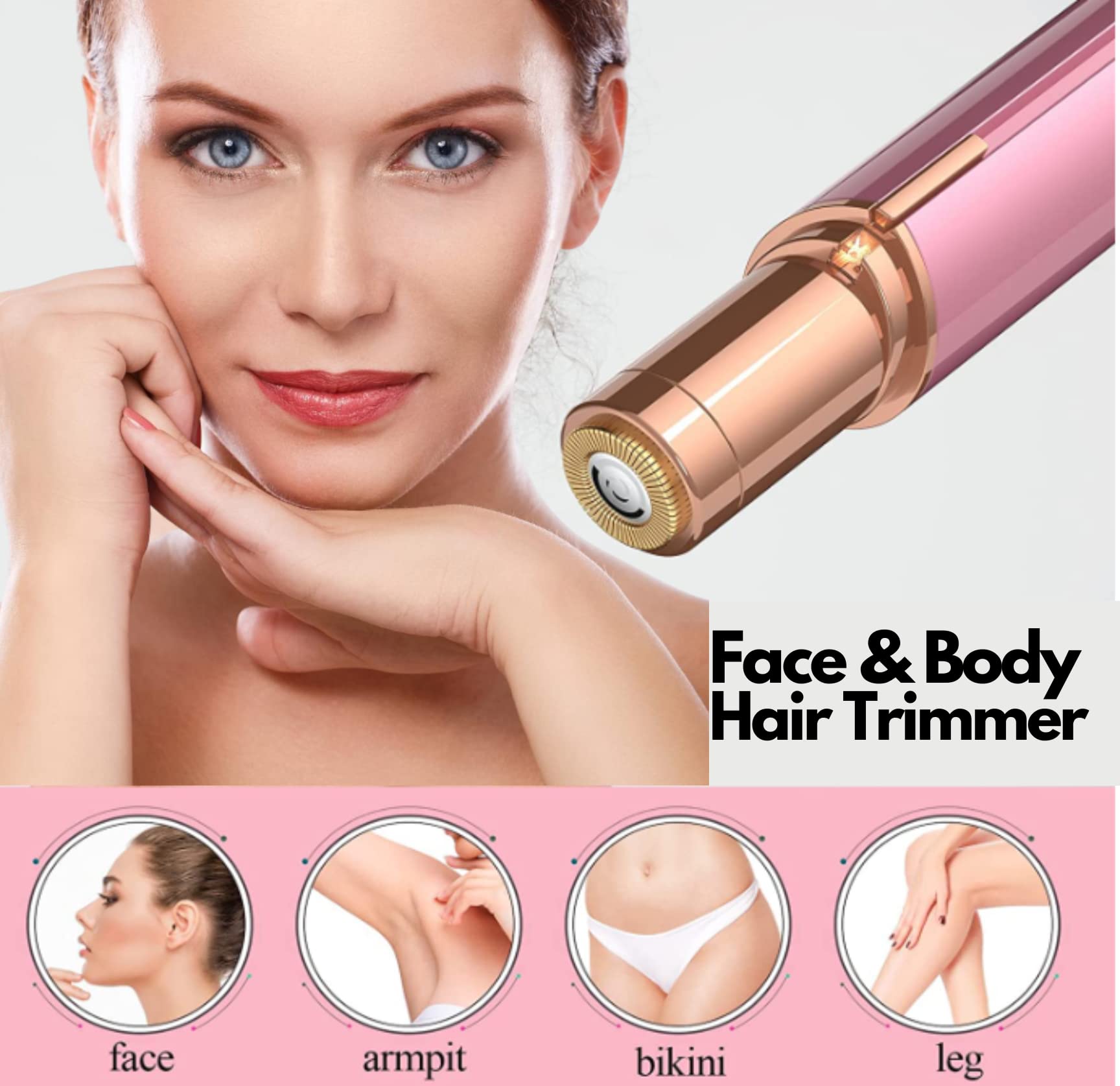 Facial & Body Hair Remover for Women, Electric Face Razor with Led Light for Instant and Painless, Safe Trimmer, Hair Face & Body, Upper Lip, Chin, Bikini, Safe and Compact (Rose/Gold)