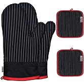 Win Change Oven Mitts and Pot Holders Sets,Oven Mitts and Potholders with Cotton High Heat Resistant Extra Thick Long Oven Mitts for Cooking 4 Pcs,Black Red