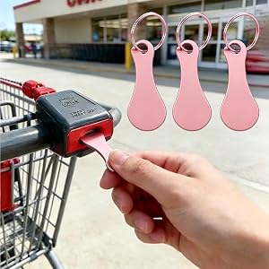 3Pcs Pink Metal Shopping Cart Tokens, Removable Trolley Keys | 3Pcs Pink stainless steel tokens with keychain attachment; com
