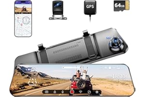 AZDOME 12" WiFi Mirror Dash Cam, 2.5K Front and 1080P Rear View Mirror Camera for Cars, Dual Camera with Free 64GB Card GPS, Waterproof Reverse Backup Camera Super Night Vision, 24H Parking Mode