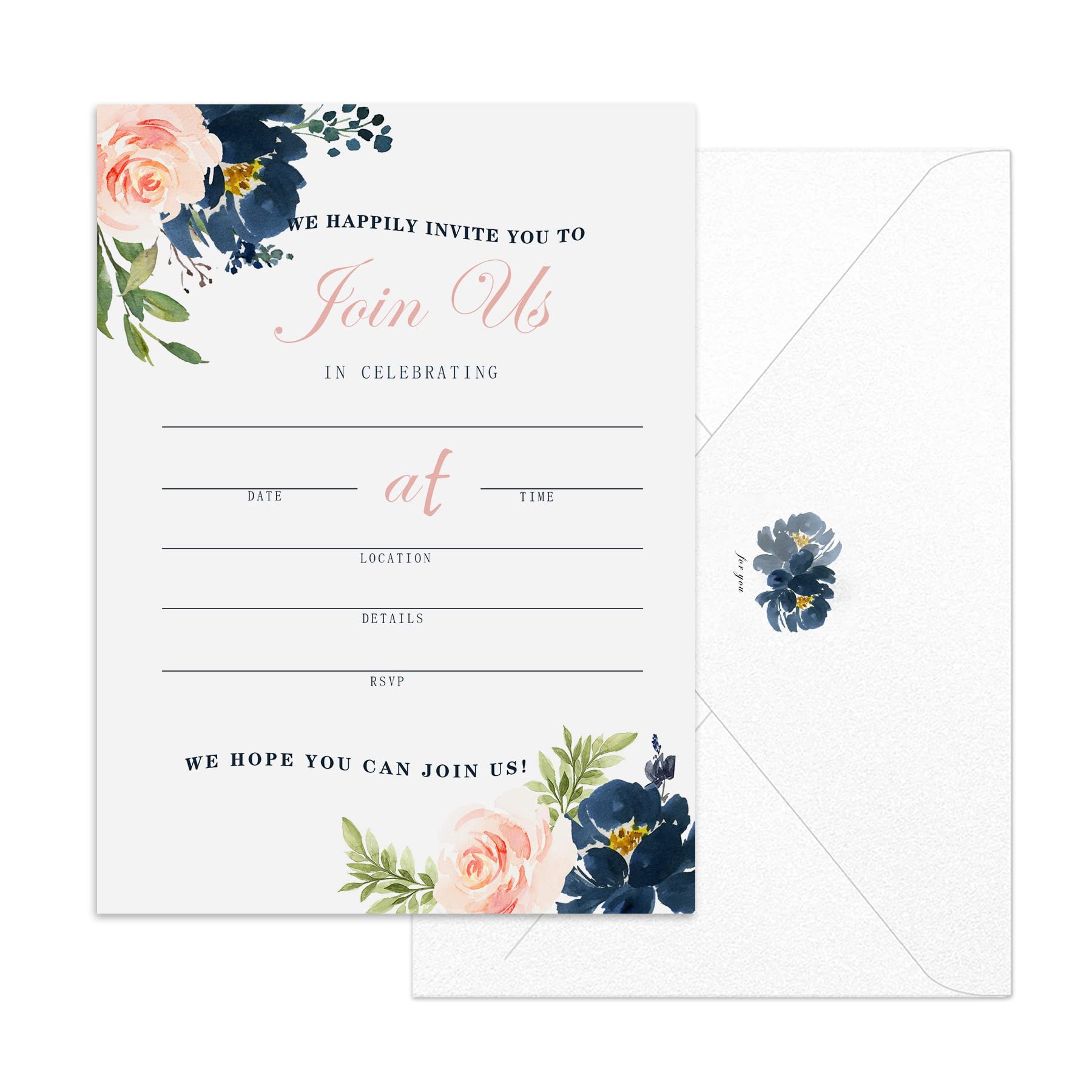 Set of 12 pcs Invitations with Envelopes for all Occasions, Blank Fill-in Floral Watercolors Invites Perfect for: Wedding, Bridal Showers, Engagement, Birthday Party or Special Event (666)