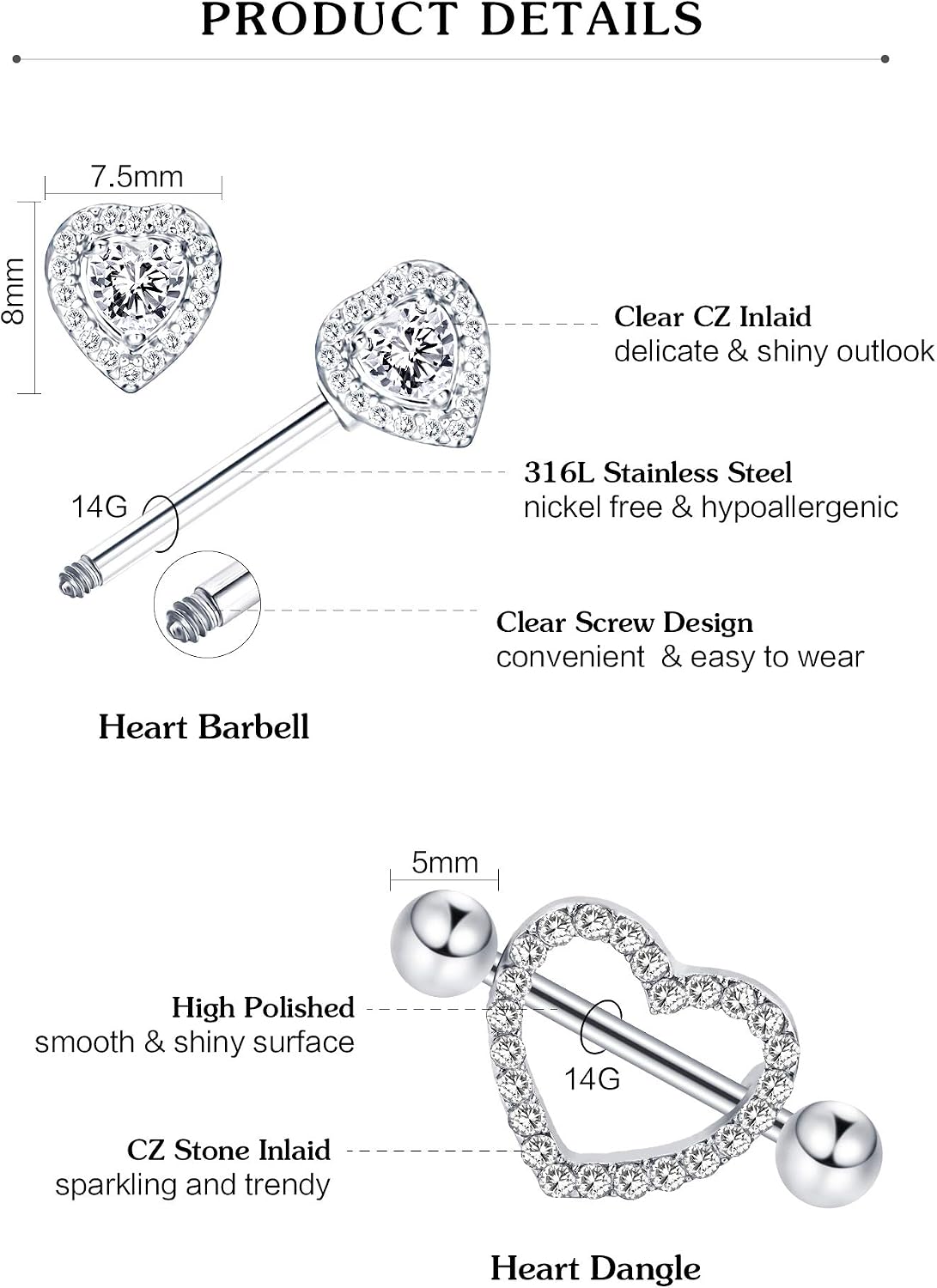4 works Stainless Steel Nipple Rings Tongue Ring Piercing Body Jewelry Barbell CZ Heart Shape Rings for Women Girls (Color 1) - Image 4