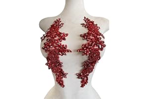 JPUMLEY.PKSN Jpumley. Pksn Handmade Rhinestones on Lace Applique Trim Sewing Beads Sequins Trim Patches for Wedding Dress Accessories 1Pair/Bag 6X14inches (Wine)