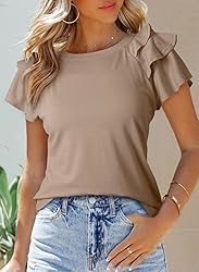 SHEWIN Womens Shirts Summer Ruffle Sleeve Crewneck