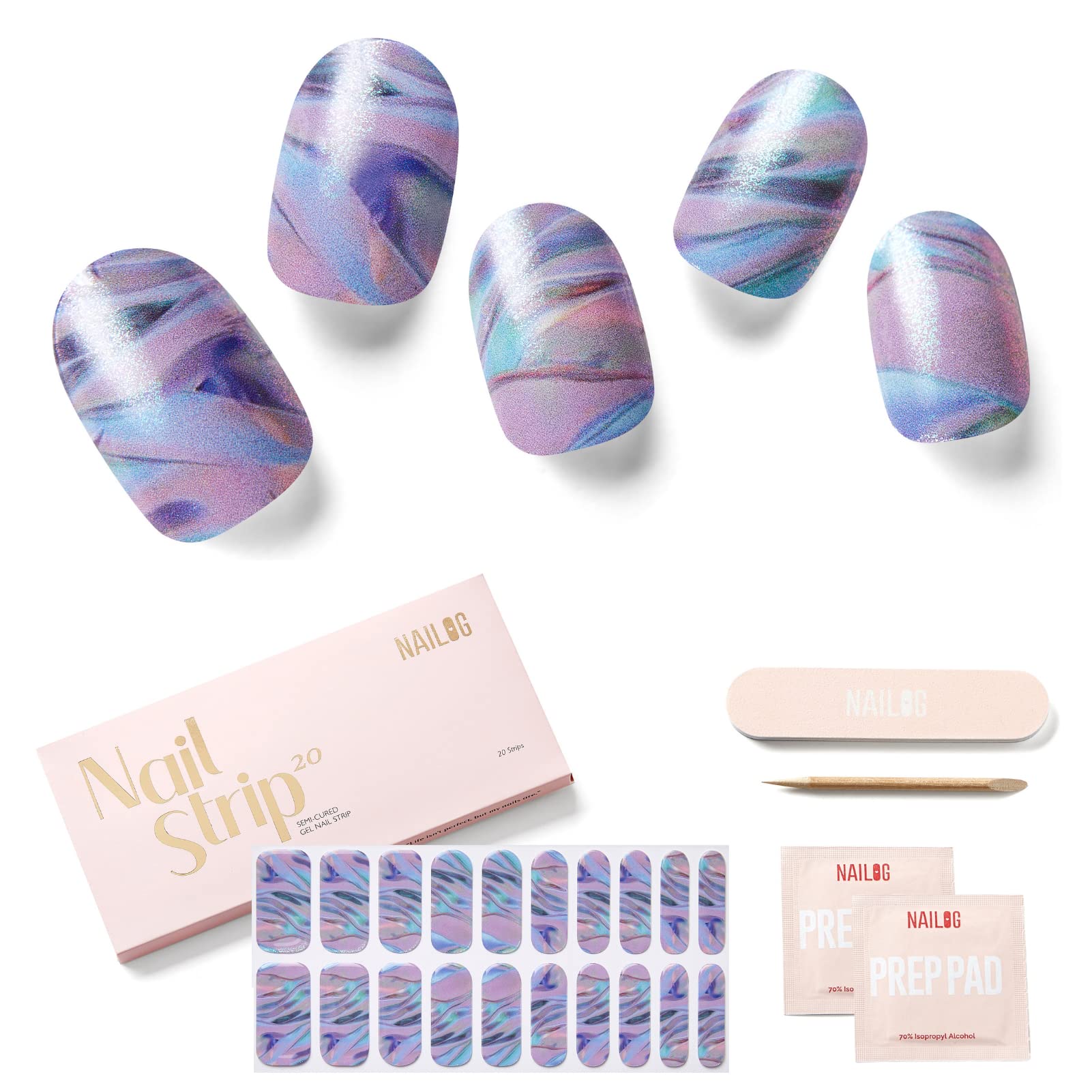 NAILOG Semi Cured Gel Nail Strips Glossy & Long Lasting Soft Gel Finish (20 Extra Long Stickers) | Wraps,La Plage — image 1