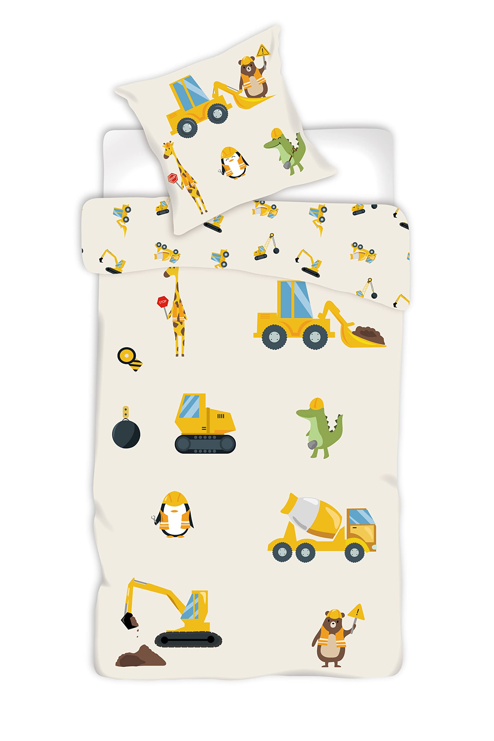 Construction Machinery Reversible Bedding Set, 100% Cotton, Duvet Cover 140 x 200 cm + Pillowcase 65 x 65 cm, Crane, Bulldozer, Tractopel...
