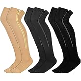 Twistover 3 Pairs Women Thigh High Zipper Compression Socks 15-20 Mmhg over the Knee Stocking with Zipper for Edema Athletic