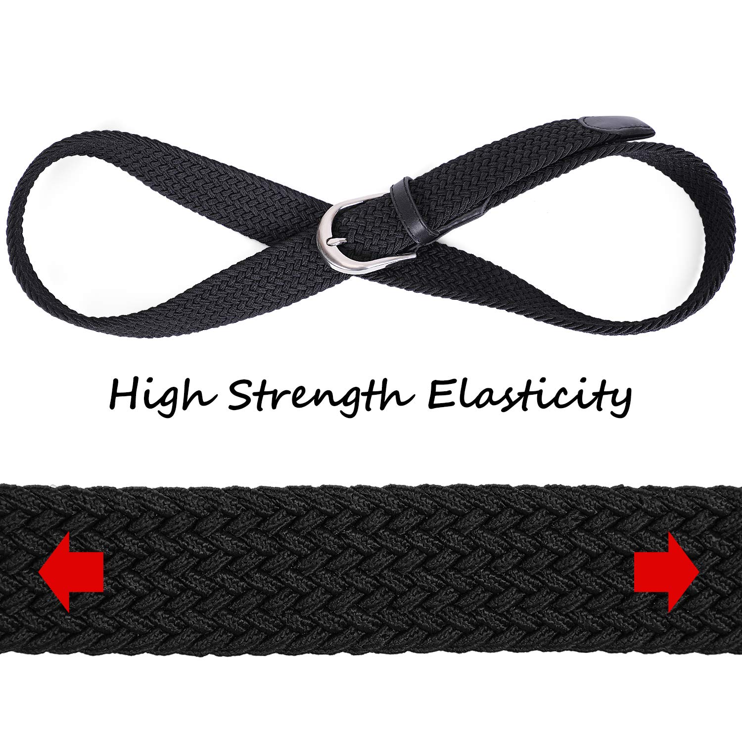 LEACOOLKEY Braided Stretch Belt for Men/Ladies Weave Canvas Elastic Woven Belt, B- Black,Medium(Suits For Pants Size:33-40 Inches)