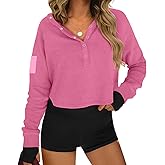 MAOECO Womens Cropped Sweatshirts Henley V Neck Long Sleeve Button Pullover Lightweight Casual Tops