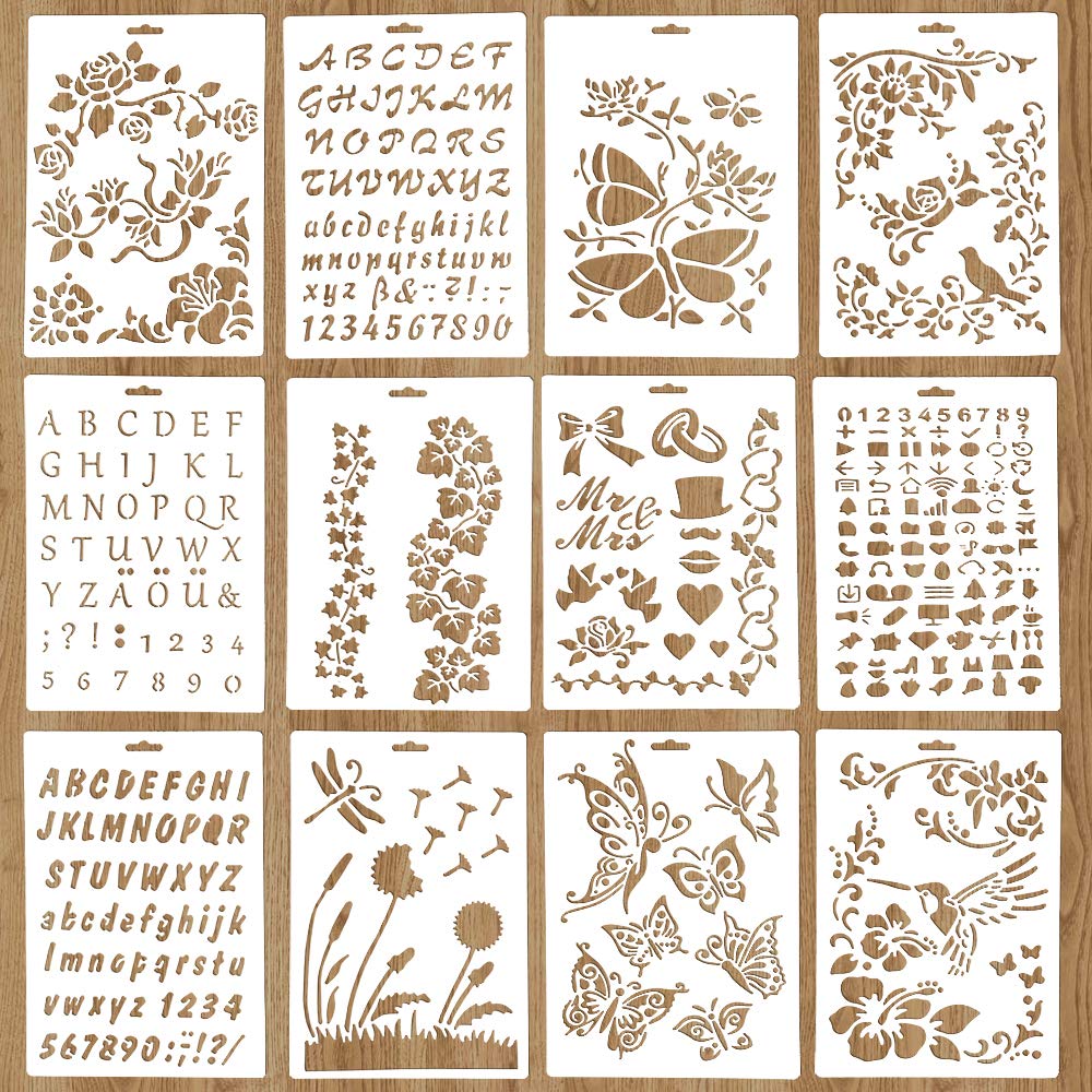 Homo Trends 12 Pcs Drawing Painting Stencils, Plastic Painting Stencil for Crafts Reusable Pyrography Stencils Templates Set for Journal/Notebook/DIY Crafts Projects