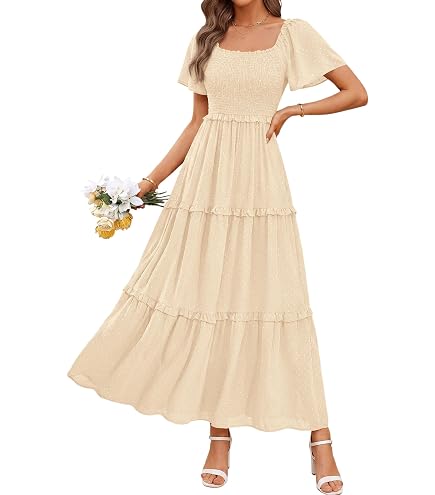 RegaliaKun Beige Dress for Women Summer V Neck Short Puff Sleeve A Line Tiered Midi Dress Boho Empire Waist Flowy Dress at Amazon Women's Clothing store