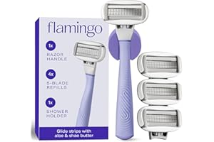 Flamingo Shaving Razor Set for Women - Original Razor Handle, 4 Blade Refills, and Shower Holder - Lilac