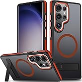 MALEWOLF Stand Case for Samsung Galaxy S25 Ultra with 3 Way Adjustable, Shockproof Translucent Phone Case Fits for Magsafe, Hybrid Color Anti-Slip Matte Cover for Galaxy S25 Ultra (Black/Orange)