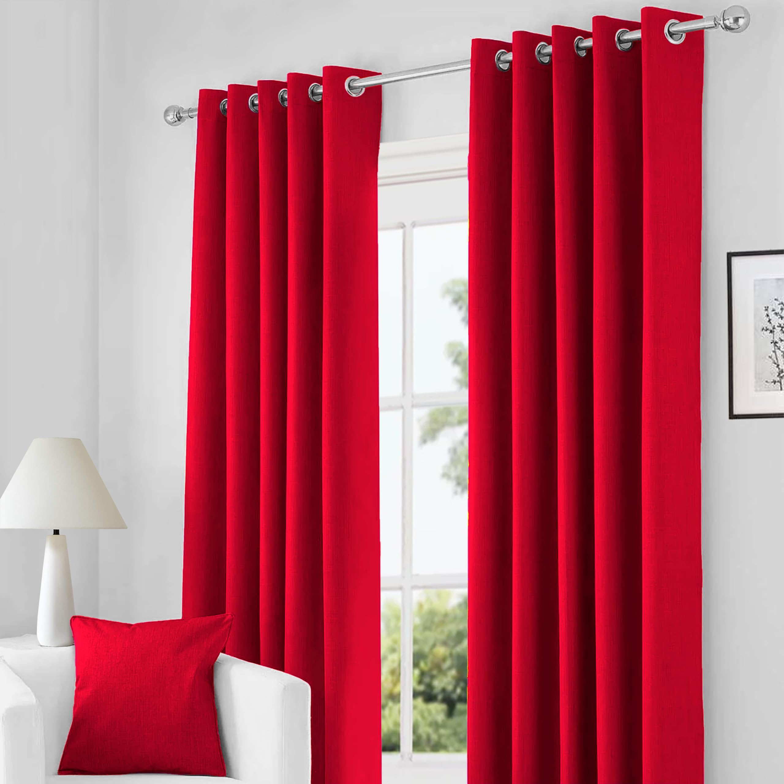 RayyanLinen Readymade Blackout Thermal Eyelet Ring Top Pair of Curtains Including 2 Tiebacks (RED, Width 66" x Drop 54")