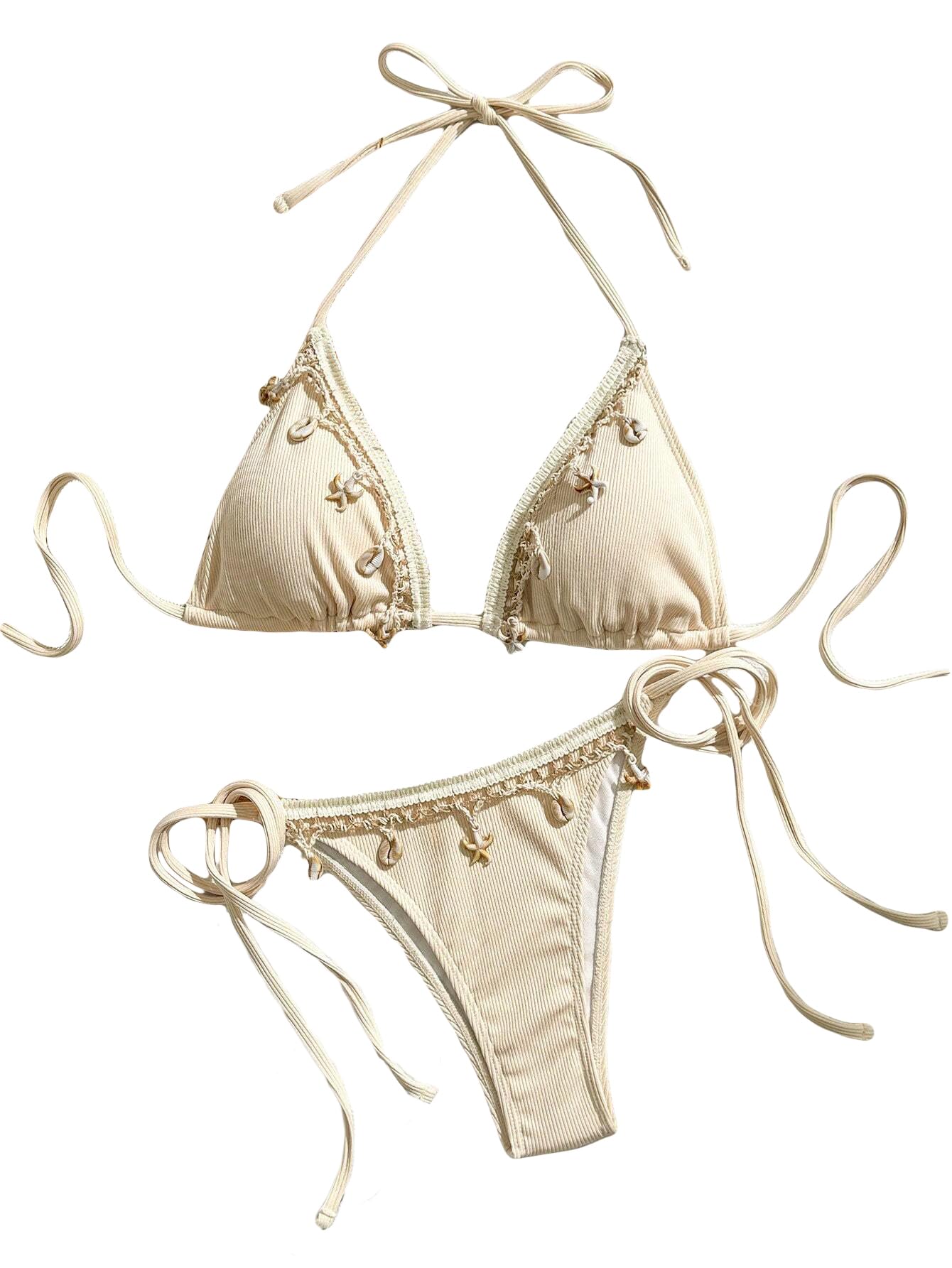 Photo 1 of BYFINECANY Women's Shell Decoration Boho Bathing Suit Halter High Waist Summer Swimsuit Bikinis Set Beige Shell M