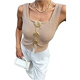 MakeMeChic Women's Metal Seashell Square Neck Tank Sleeveless Split Knit Going Out Crop Tops