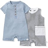 Burt's Bees Baby Baby Boys Rompers, 100% Organic Cotton One-piece Coverall and Layette 2-pack Set